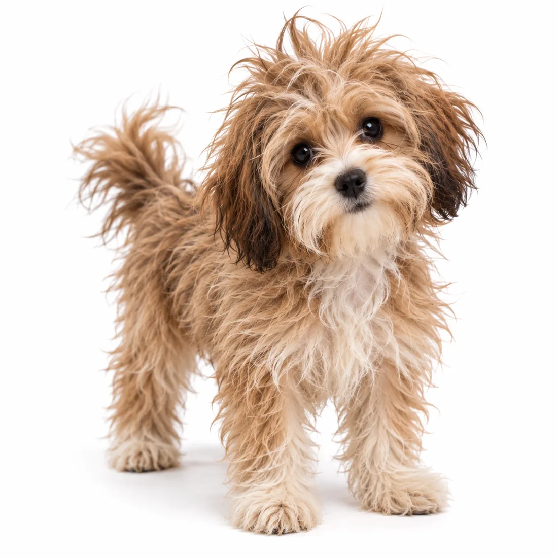 A small tan dog before grooming, coat long and tangled