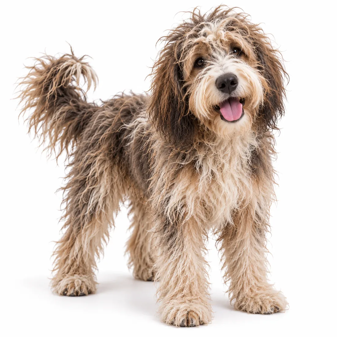 A shaggy doodle before grooming, coat matted and overgrown