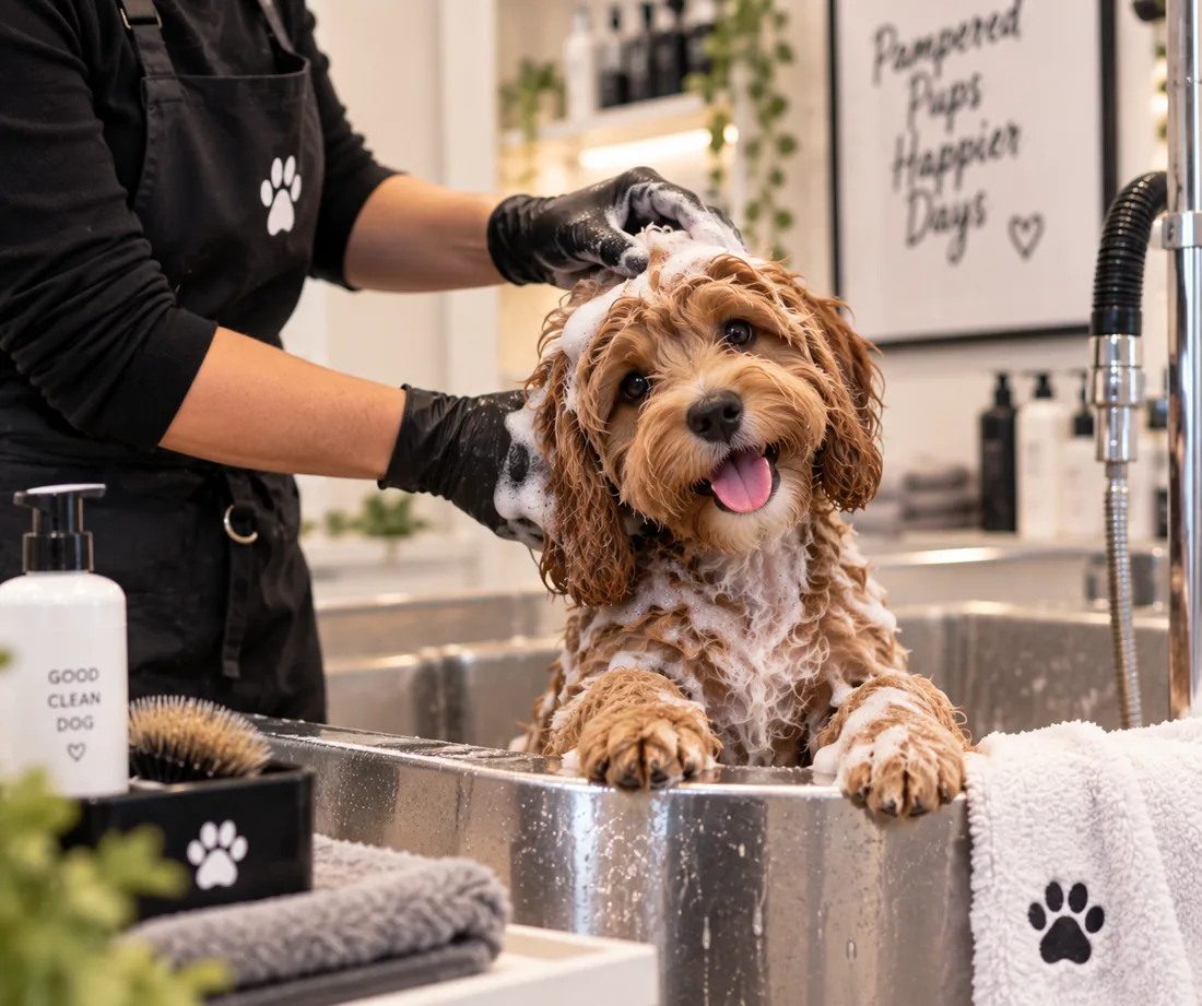 A small doodle being lathered up in the tub at Pauly's Pooch Parlour